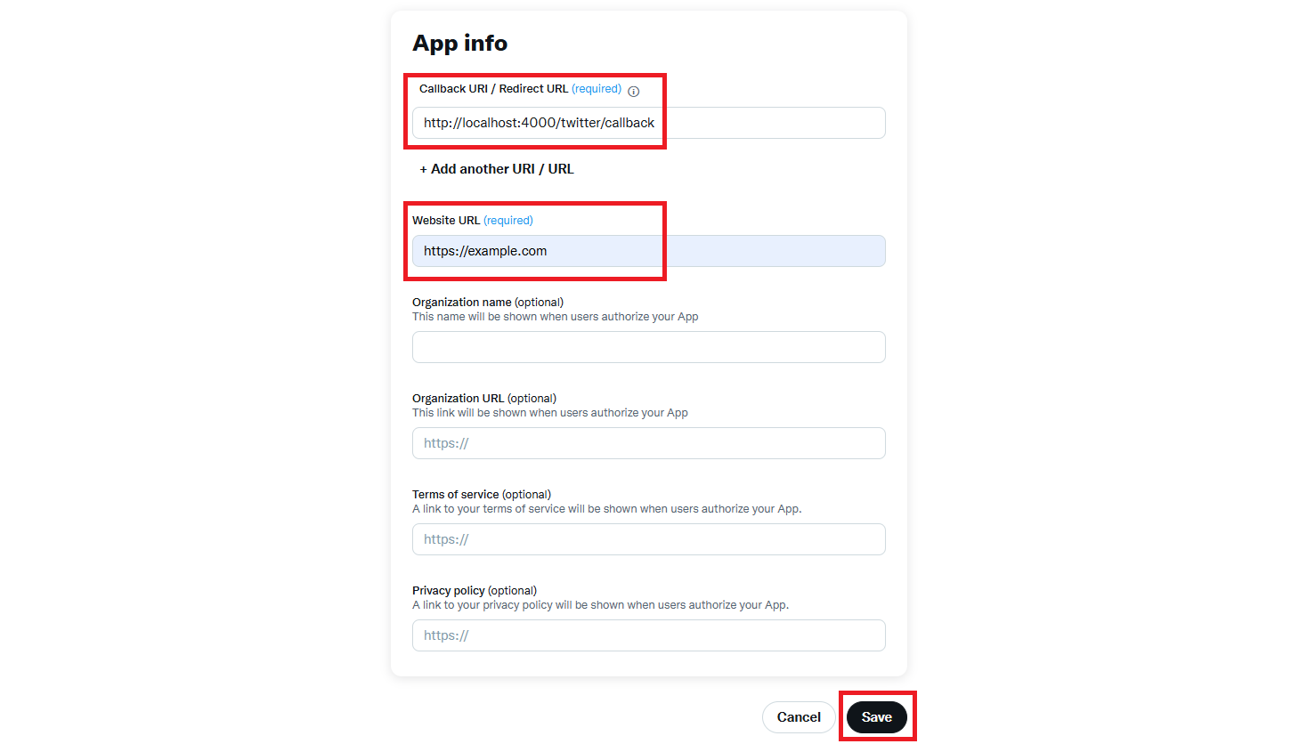 Twitter URL configuration